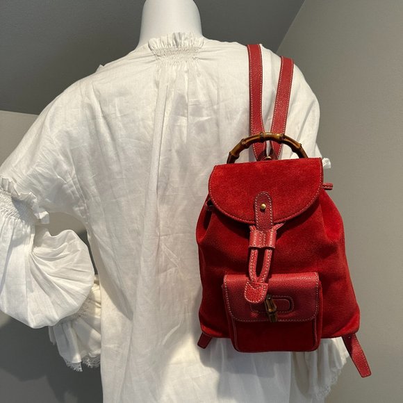 Vintage GUCCI Suede Red Bamboo Backpack (Mini) - Picture 1 of 7